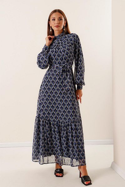 By Saygı Geometric Pattern Long Chiffon Dress with Pleated Waist Belt Lining on Top