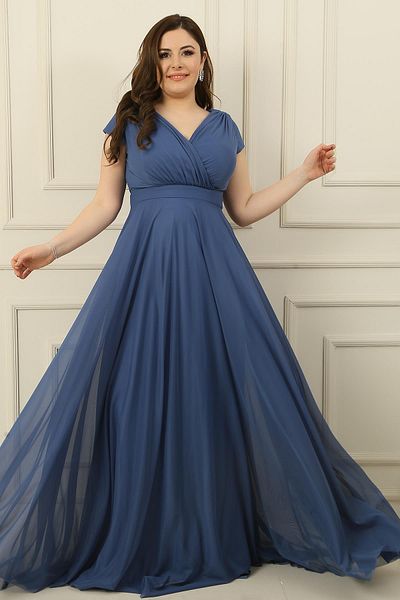 By Saygı Double Breasted Collar Lined Nail Sleeve Full Circle Flared Chiffon Tulle Plus Size Long Dress