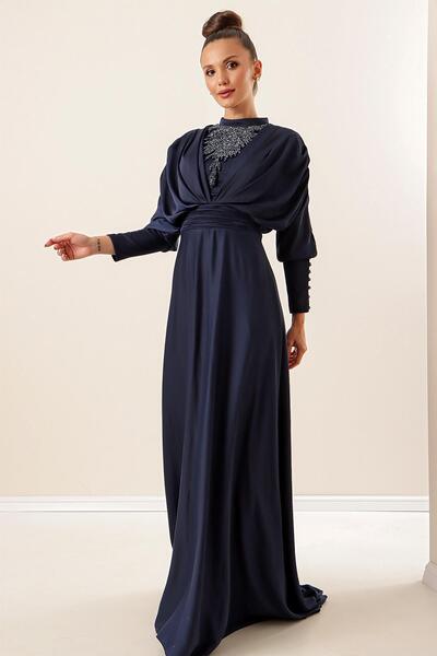 By Saygı Satin Long Dress with Gathered Sleeves, Button Detail, Lined and Beaded Front