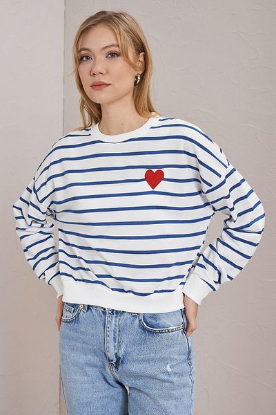 TENA Women's Indigo Crew Neck Striped Heart Embroidered Two Yarn Basic Sweatshirt