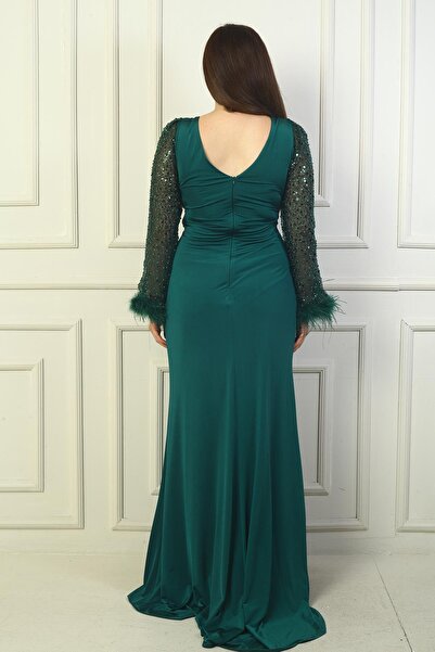 By Saygı Plus Size Sandy - Double Breasted Collar and Tulle Sleeves, Draped and Furry Ends, Bead-Sequins Detail