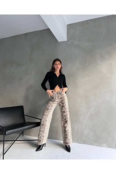 Genel Markalar Yüksek Bel Yılan Desenli İspanyol Paça Kadın Denim Pantolon