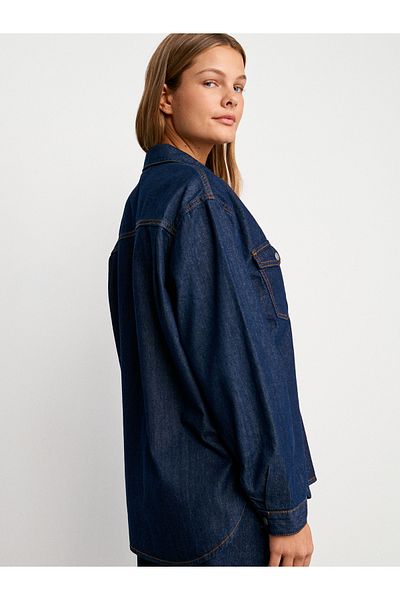 Dilvin 50744 Rins Washed Navy Blue Oversize Denim Shirt
