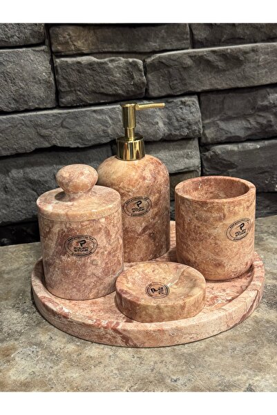 Polen Stone Kırmızı Traverten Doğaltaş 5'li Banyo Seti