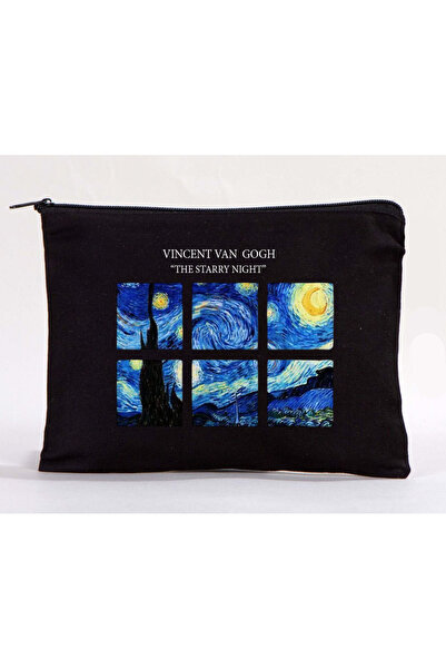 Boom town Vıncent Van Gogh Siyah Makyaj Çantası Kalemlik Kutusu Ham Bez Çanta