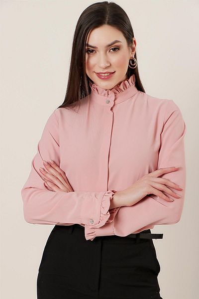 By Saygı Imported Micro Crepe Shirt with Ruffled Neckline and Sleeves