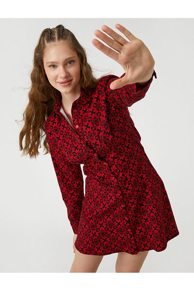 Koton Geblümtes Hemdkleid mit langen Ärmeln und Knopfmanschettenkragen