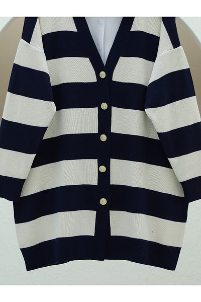 Modamorfo Striped Knitwear Cardigan - Brooch Button - Navy