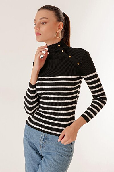 By Saygı Blazer Striped Buttoned Turtleneck Sweater
