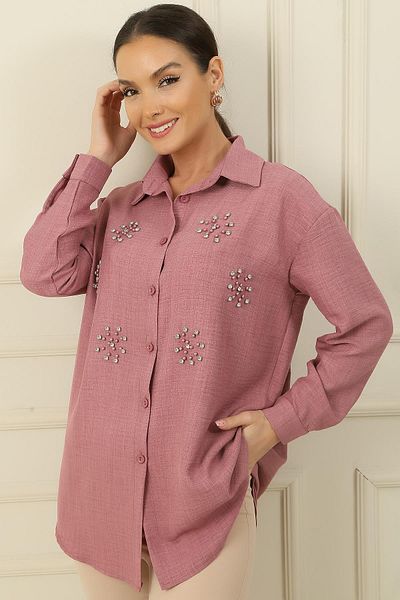 By Saygı Linen Effect Shirt with Pearl-Stone Detail