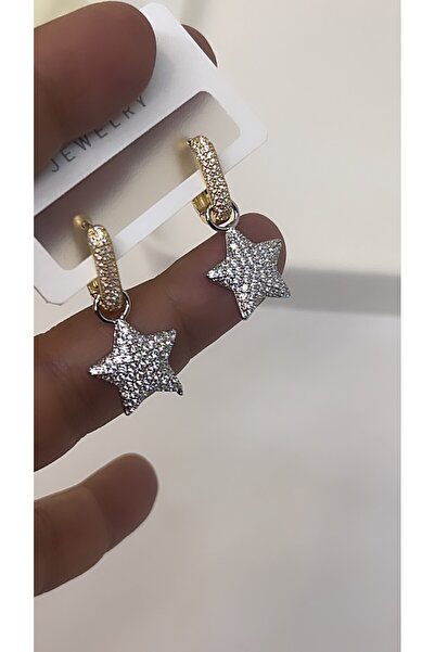 By Semra Vip Seri İki Renk Zirkon Taşlı Çelik Yıldız Model Sallantılı Kadın Küpe