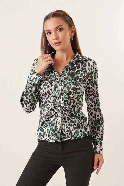 By Saygı Leopard Print Satin Shirt with Gathered Front