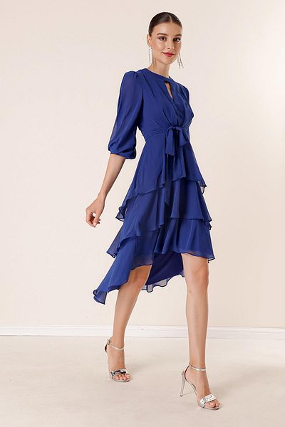 By Saygı Gestuftes Chiffonkleid aus Tüll mit Ballonärmeln und Taillengürtel