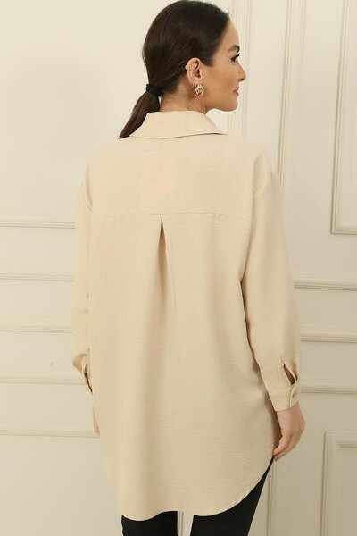 By Saygı Vászon hatású ing gyöngy-kő részlettel