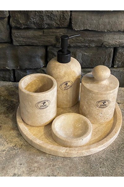 Polen Stone Beige Travertine Natural Stone 5-Piece Bathroom Set