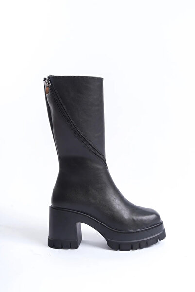 Shoesers Női középsarkú platformcsatos részletes cipzáras bőrcsizma