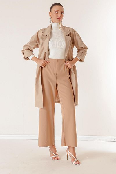 By Saygı Double Breasted Collar Waist Belted Lined Trench Coat