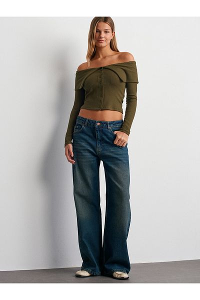 Dilvin 71739 Tinted Baggy Denim Trousers-Green