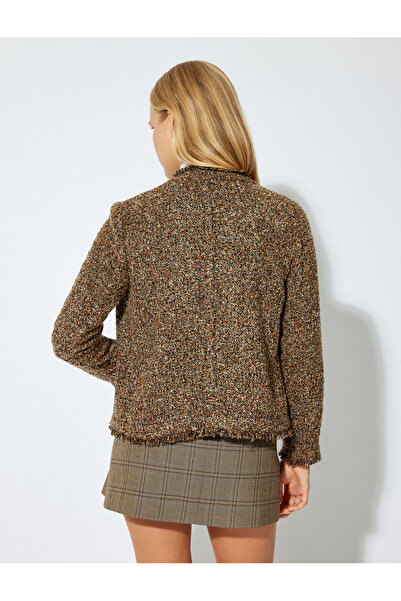 Koton Detailní bezlímcová tweedová bunda s kapsičkou na kšiltovku se střapcem