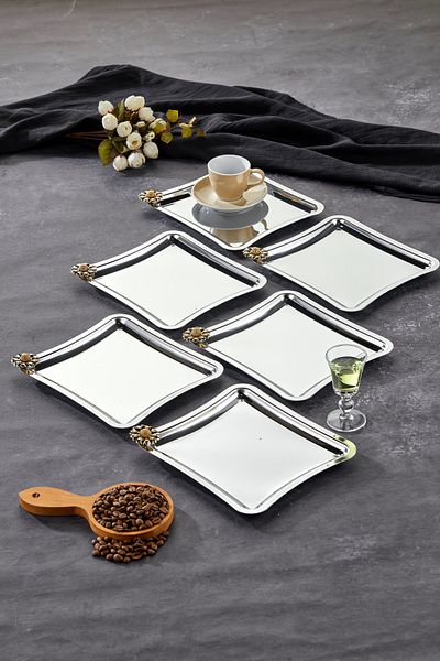 Milenay Fiore Nero Handle Patterned Elegante Square Series - Chrome Presentation Tray, 22X22Cm, 6 Pieces