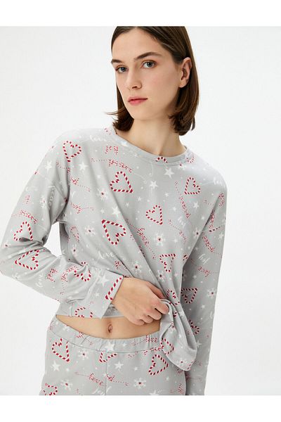 Koton Neujahrs-Pyjama-Set, langärmelig, Rundhalsausschnitt, schmales Bein