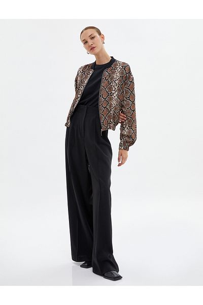 Koton Oversize Bomber Jacket with Zipper and Snakeskin Pattern Pockets