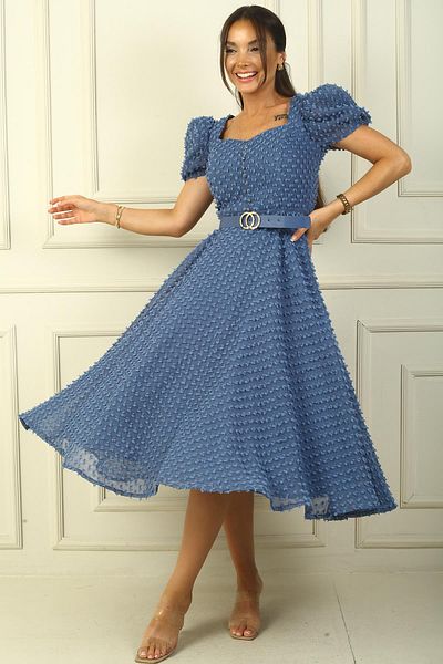 By Saygı Rochie midi din material Pıtırcık - mâneci cu balon, curea și căptușeală