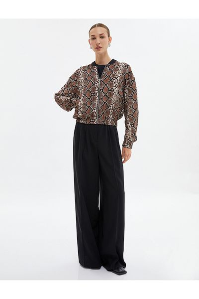 Koton Oversize Bomber Jacket with Zipper and Snakeskin Pattern Pockets