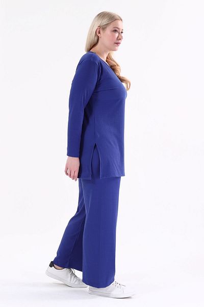 tarzımsüper Large Size Side Slit Double Suit with Corded Comfortable Trousers Tunic 2-Piece Stylish Bottom-Top Set