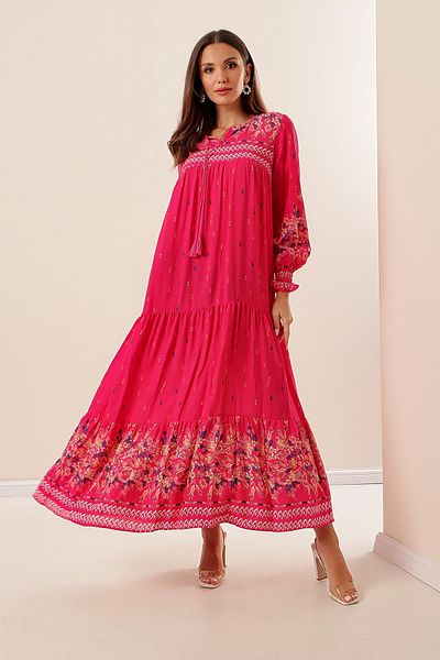 By Saygı Collar Lace Up Sleeve Gathered Patterned Long Viscose Dress