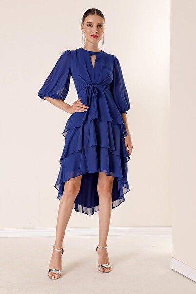 By Saygı Rochie din șifon, cu mâneci cu balon, cu brâu, detaliat în talie