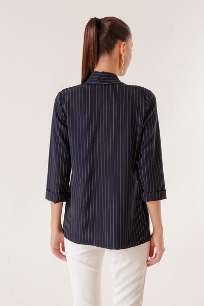 By Saygı Shawl Collar Wide Length Lycra Double Sleeve Length Slim Striped Fabric Jacket