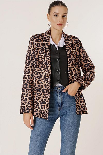 By Saygı Single Button Lined Leopard Pattern Comfortable Fit Jacket