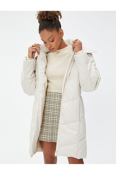 Koton Long Puffer Coat Leather Look Hooded Zippered