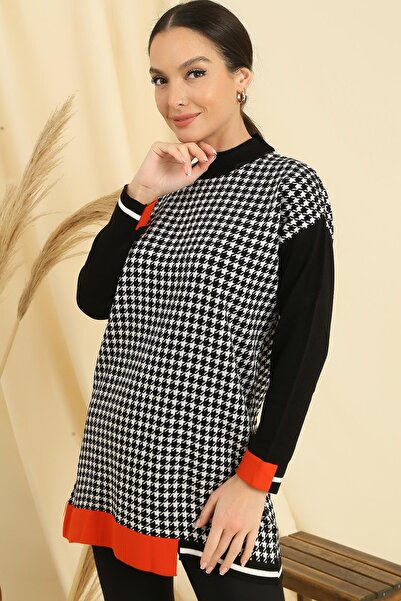 By Saygı Houndstooth Patterned Comfortable Fit Knitwear Tunic with Sleeve and Skirt End Stripe