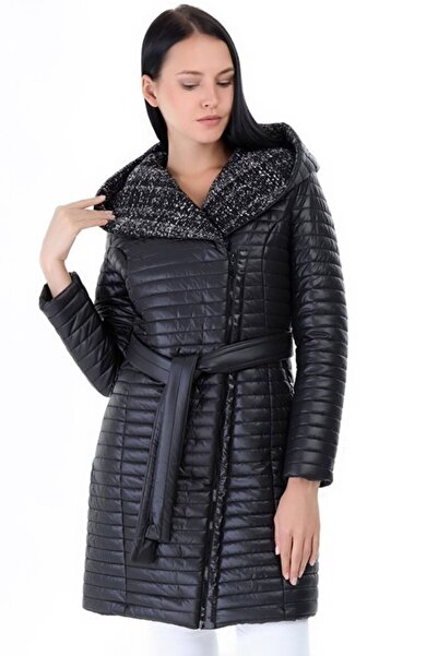 Vivika Kadın Kapüşonlu Kemerli  Yandan Fermuarlı Uzun Dolgulu Astarlı Kapiton...