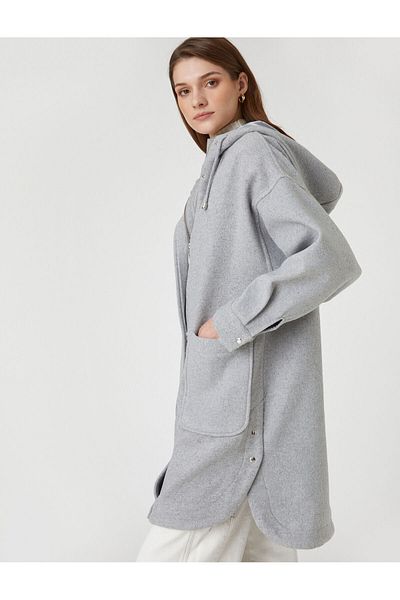 Koton Oversize Hooded Cashmere Coat with Pockets and Zipper