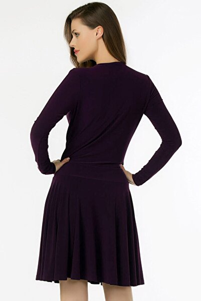 Vivika Kadın V Yaka Kruvaze Uzun Kollu Kloş Etekli Diz Üstü Likralı Elbise