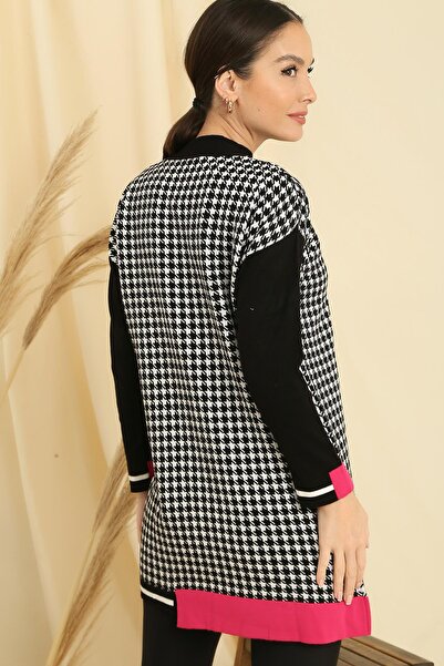 By Saygı Houndstooth Patterned Comfortable Fit Knitwear Tunic with Sleeve and Skirt End Stripe