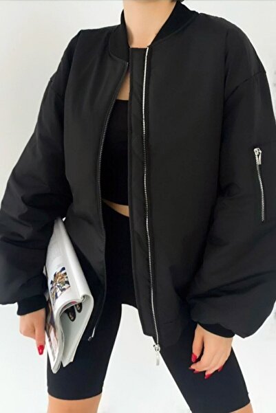 Vivika Kadın Düz Yaka Fermuarlı Cepli İçi Astarlı Geniş Kesim Kısa Bomber Mont