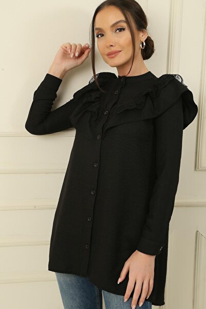 By Saygı Linen Shirt Tunic with Lace Flounce Collar and Buttoned Front