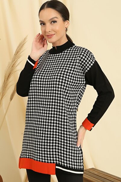 By Saygı Houndstooth Patterned Comfortable Fit Knitwear Tunic with Sleeve and Skirt End Stripe