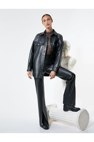 Koton Faux Leather Trousers with Slit Detail