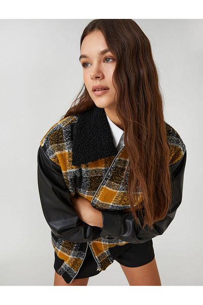 Koton Übergroße Jacke, Hemdkragen, Reißverschluss, Plüschleder-Optik, Ärmeldetail