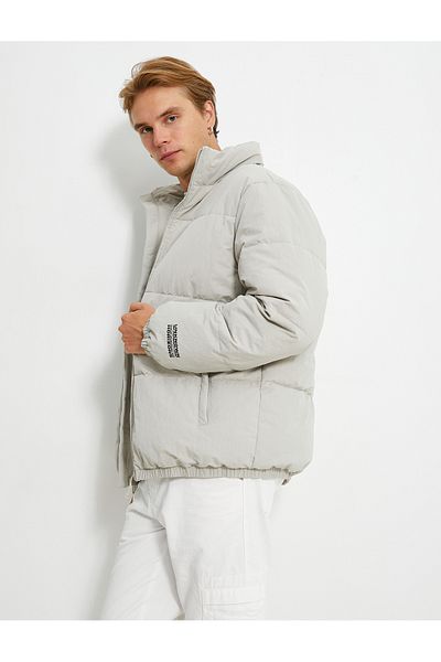 Koton Puffer Jacket Stand Collar Zipper Pocket Detailed Slogan Printed