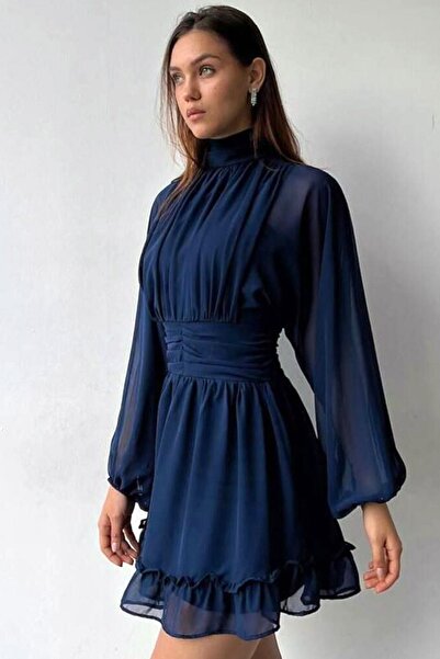 Vivika Etek Ucu Fırfırlı Dik Yaka Önü Drape Büzgülü Uzun Balon Kol Sırt Dekol...