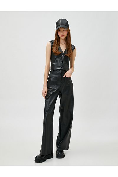 Koton Leather Look Vest V-Neck Buttoned