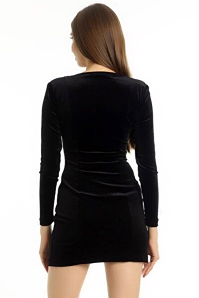 Vivika Kadın Kare Yaka Uzun Kollu Mini Yırtmaç Detaylı Likralı Mini Boy Kadife Elbise