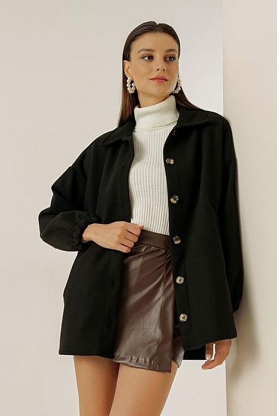 By Saygı Stitched Jacket with Elastic Sleeves, Front Buttons and Side Pockets