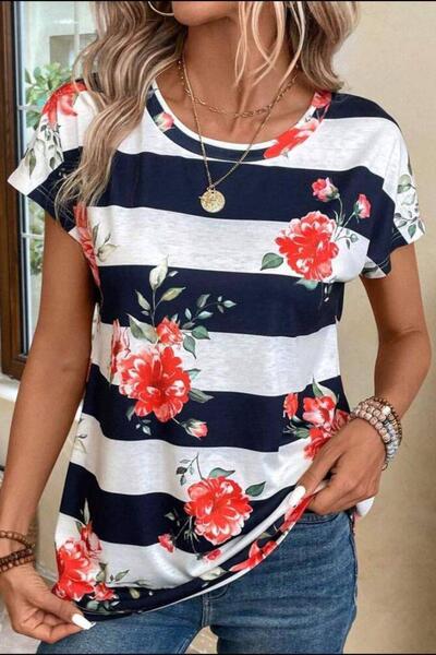 Mossta Синя футболка з принтом - Роза з смужками